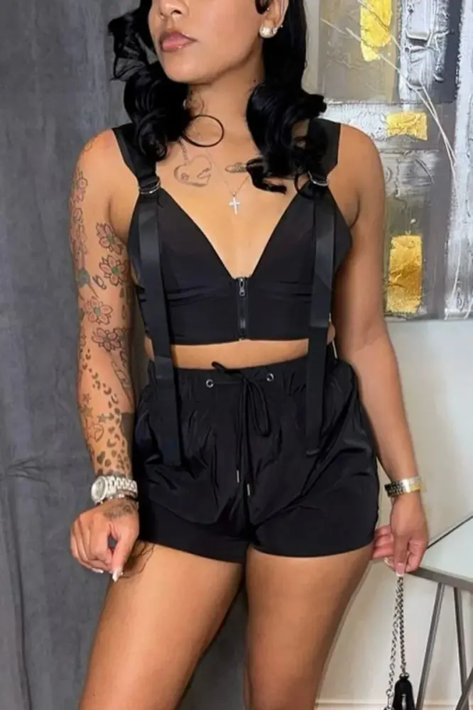 Black Zip-Up Backless Non-Stretch Shorts Set Size: M SKU: 0187902