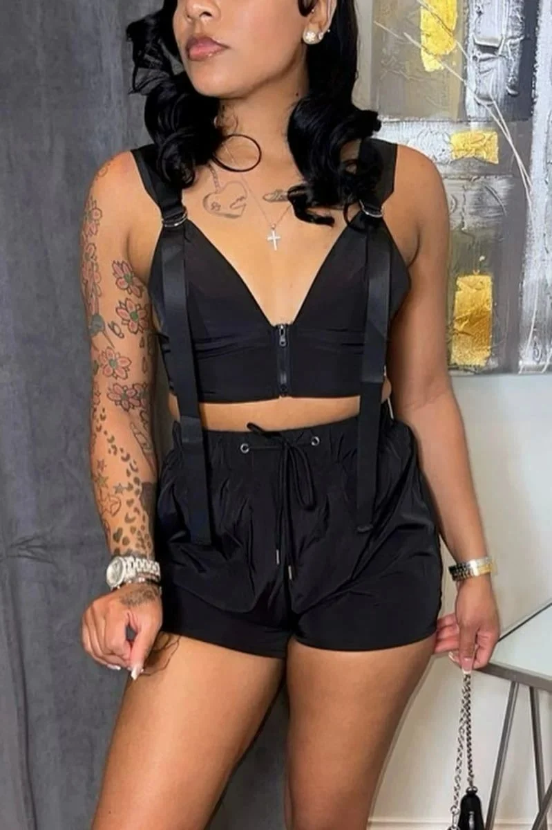 Black Zip-Up Backless Non-Stretch Shorts Set Size: M SKU: 0187902