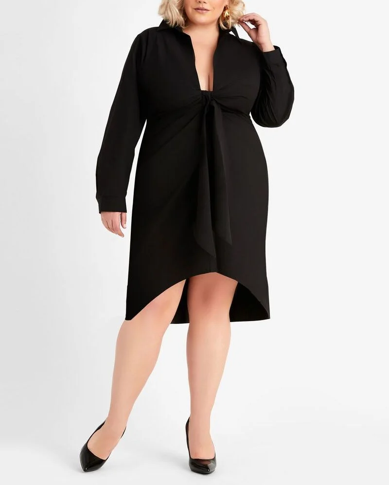 Black Tie Front Hi-Low Shirt Dress SKU: C080319 Size: L