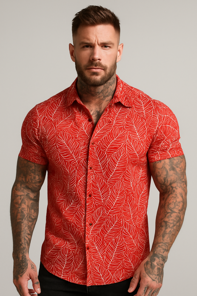 Tropical Leaf Print SS Button-Up Shirt Size: L SKU: 96321487