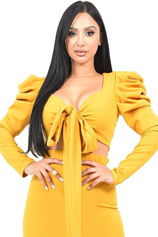 Mustard Tied Bust Puff Sleeve Tops SKU: 7686665