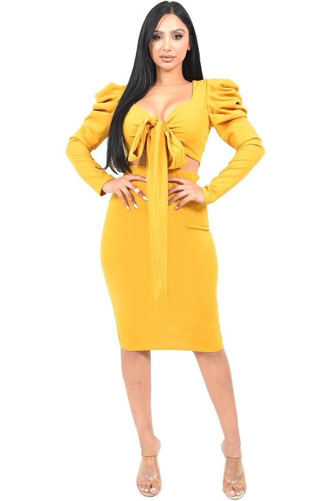 Mustard Tied Bust Puff Sleeve Tops SKU: 7686665