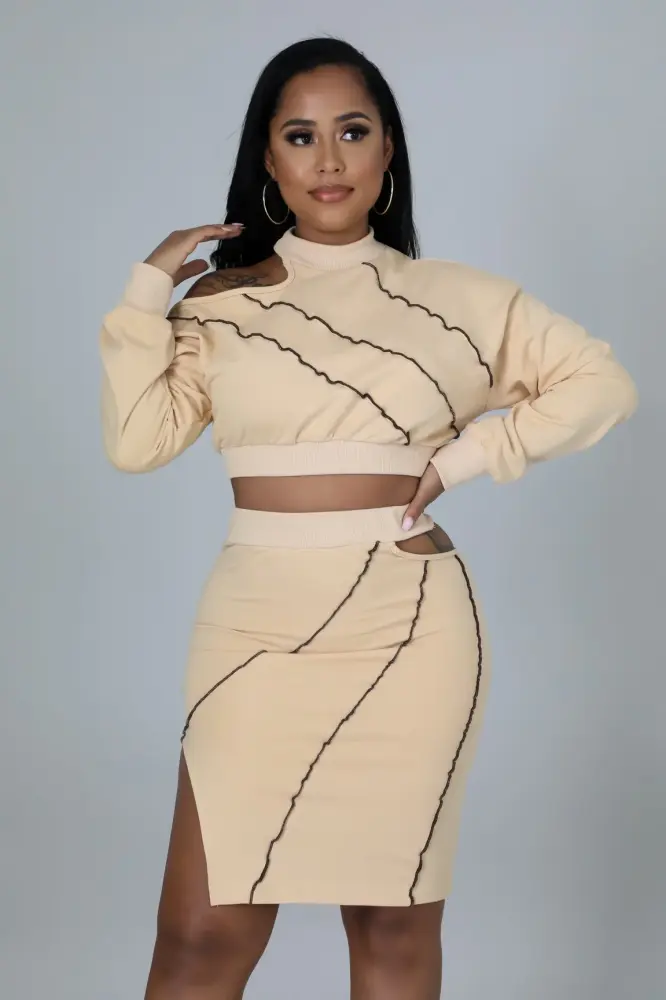Beige Mocha Swirl Cutout Skirt Set Size: L SKU: MS45270