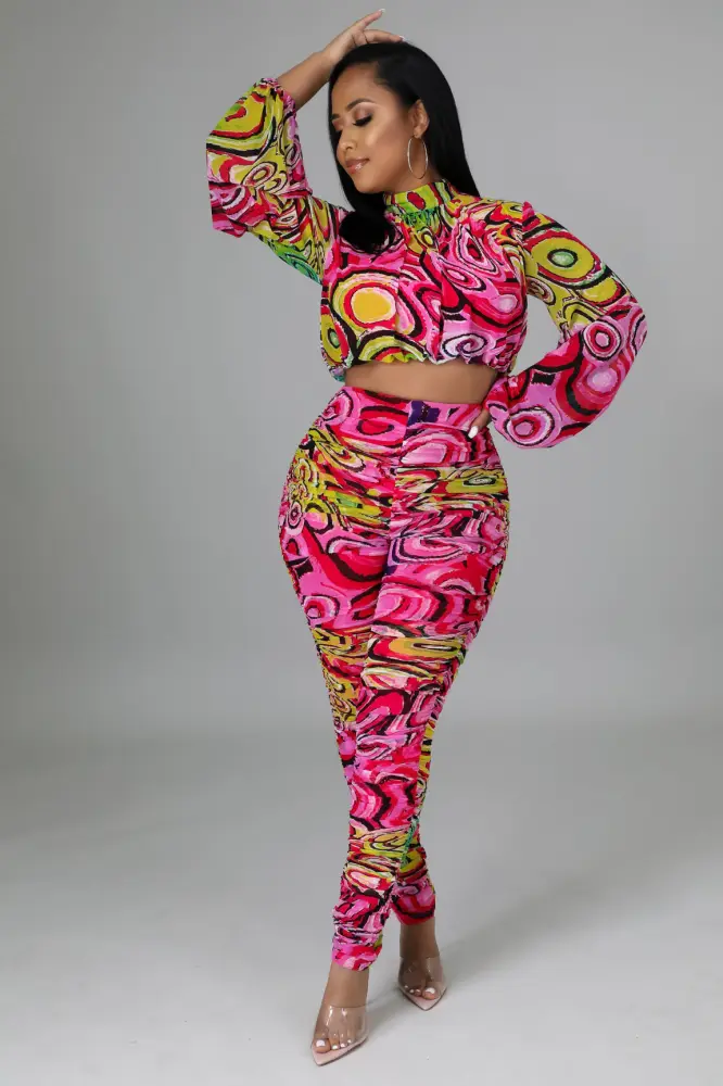 Multi Print Ruched Baddie Legging Set Size: XL SKU: 67869E2