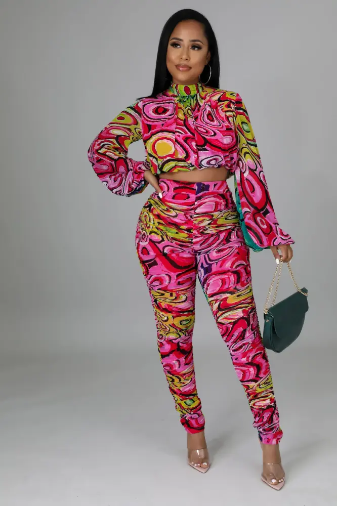 Multi Print Ruched Baddie Legging Set Size: XL SKU: 67869E2