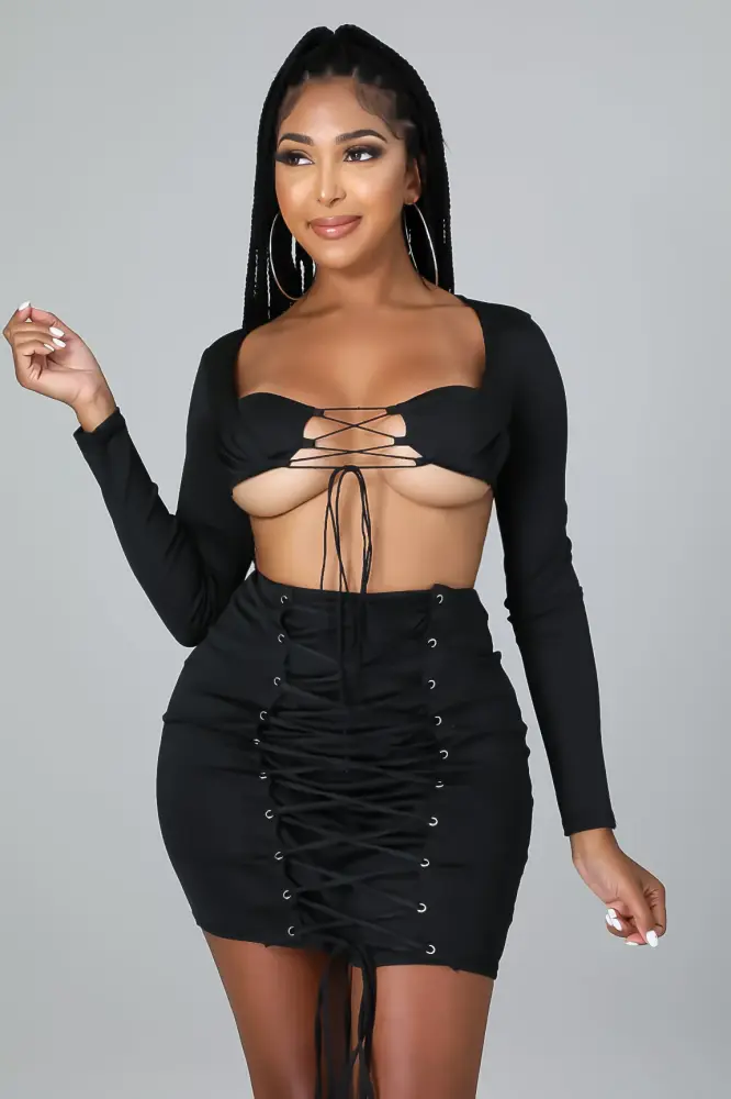Black Laced Up Heat Mini Skirt Set Size: S SKU: 5647401
