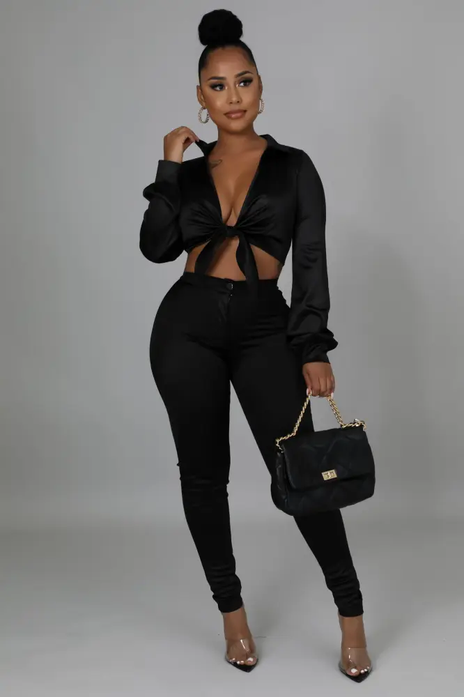 Crop Top Self Tie High Waisted Pants Set SKU: 1769000