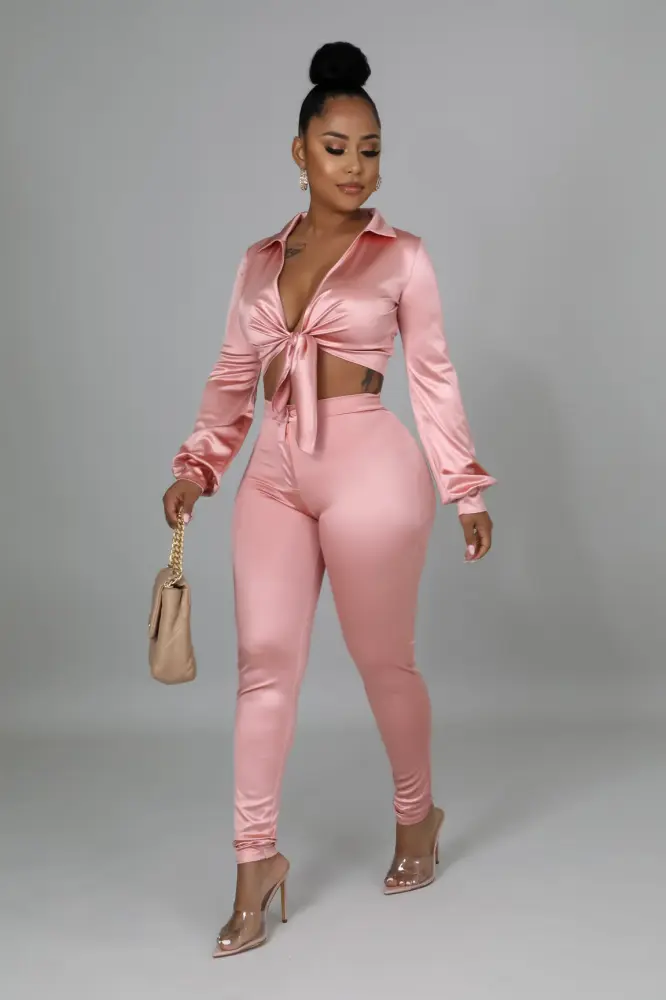 Crop Top Self Tie High Waisted Pants Set SKU: 1769000