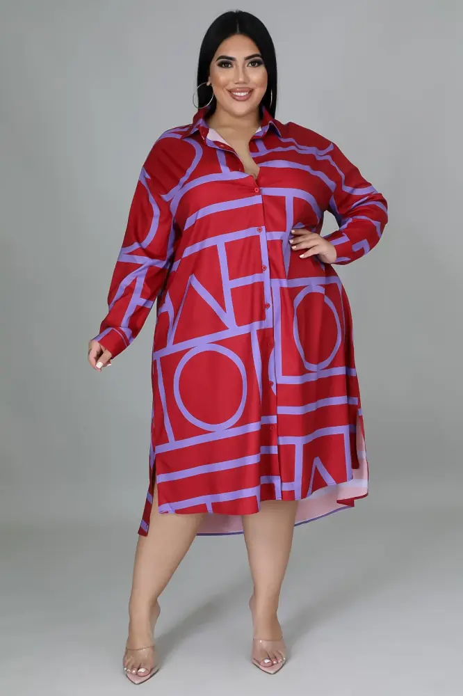 Geometric Print Button-Down Shirt Dress SKU: 1098U78