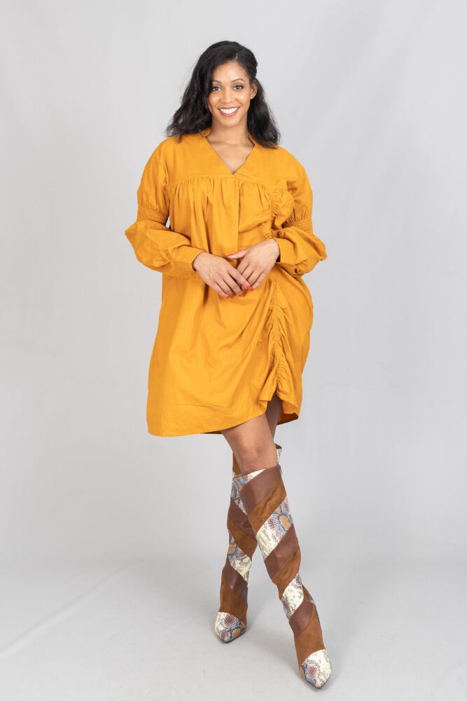 Mustard Smocked V Neck Dress Size: 1XL SKU: D0980BA