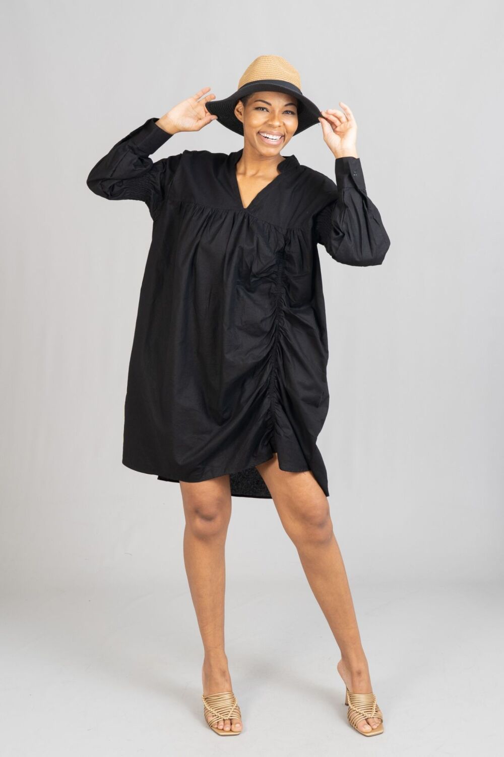 Black Smocked V Neck Dress Size: 1XL SKU: D0980BH
