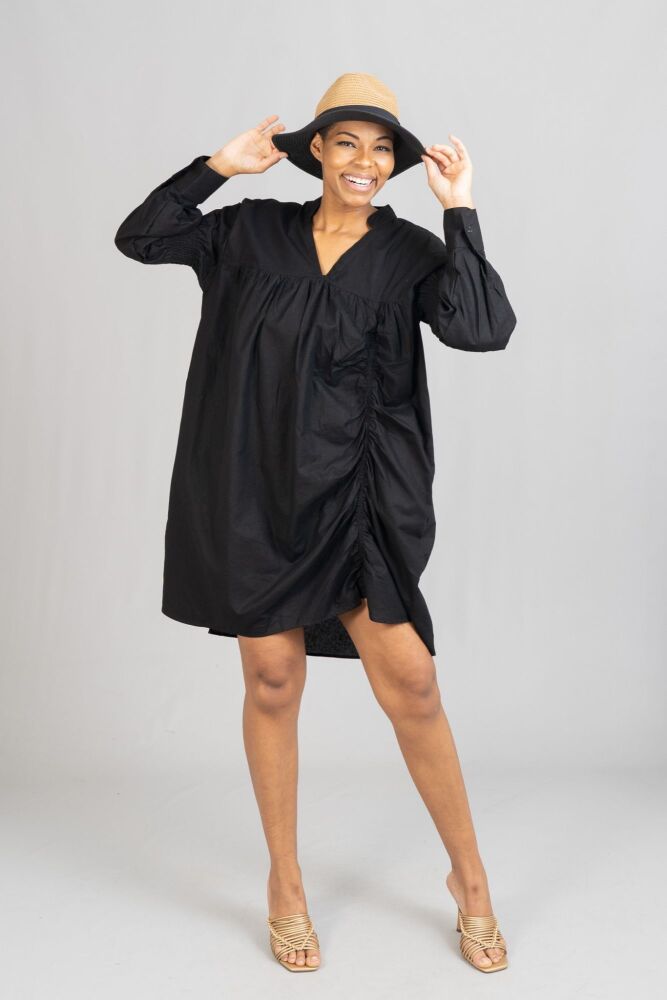 Black Smocked V Neck Dress Size: 1XL SKU: D0980BH