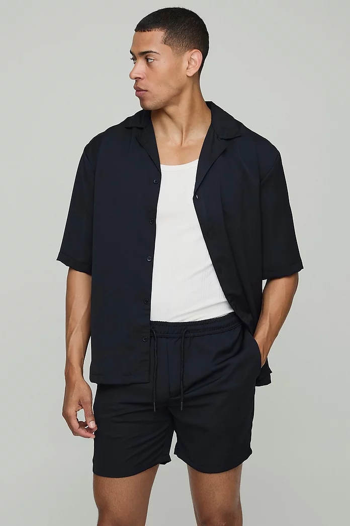 Black Satin Short Sleeve Shirt SKU: 46578B3