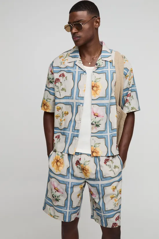 Oversized Floral Linen Blend Boxy Shirt SKU: H980H0H