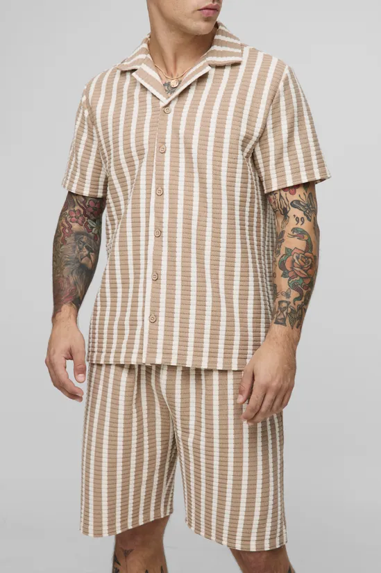 Vertical Stripe Revere Collar Jersey Shirt – Taupe SKU: N789HP0
