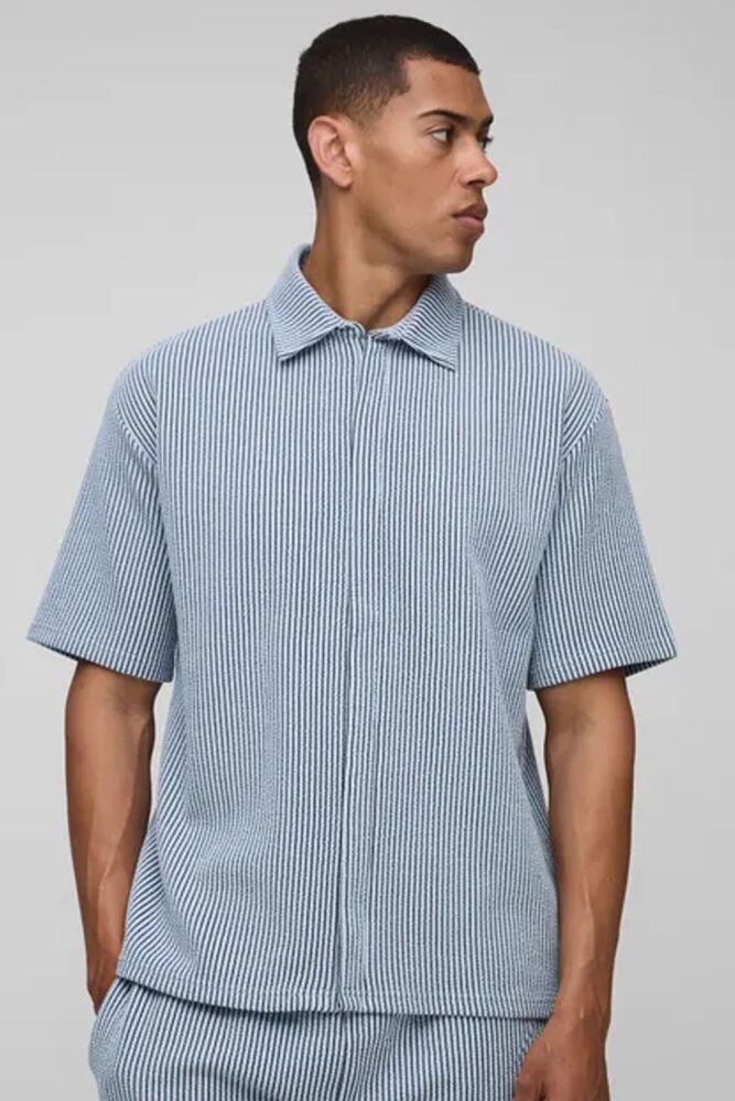 Oversized Light Blue Two-Tone Ribbed Jersey Shirt SKU: B90H903