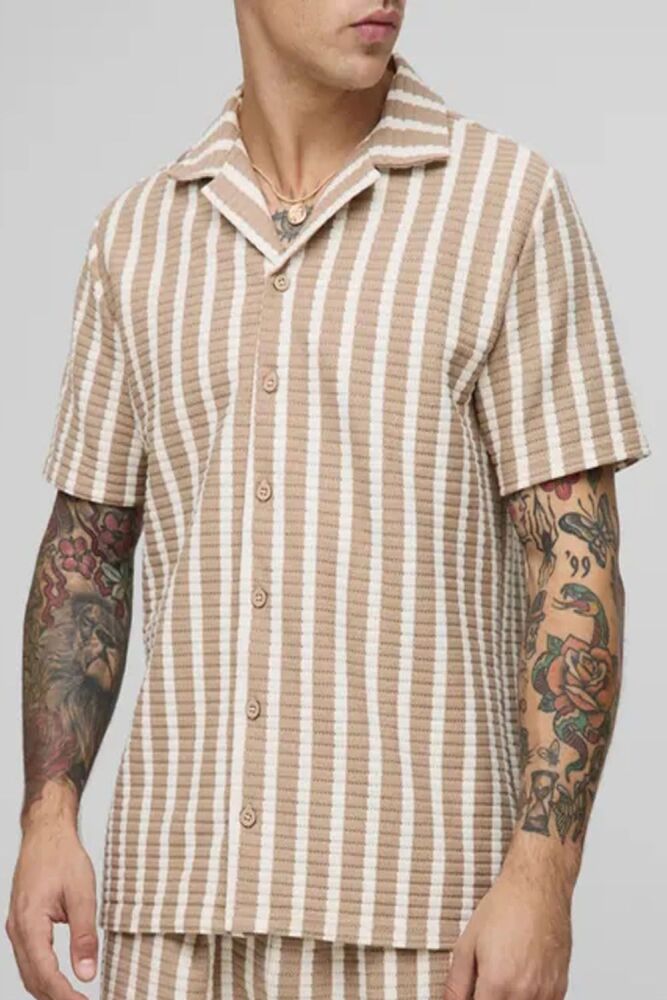 Vertical Stripe Revere Collar Jersey Shirt – Taupe SKU: N789HP0
