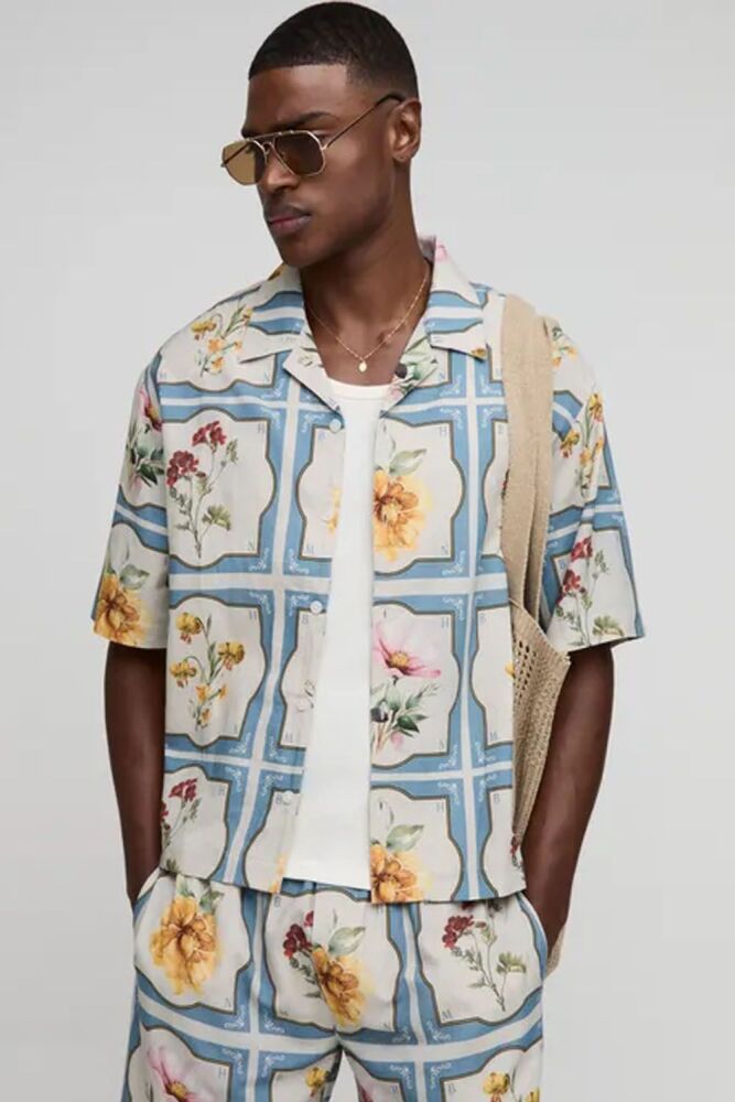 Oversized Floral Linen Blend Boxy Shirt SKU: H980H0H