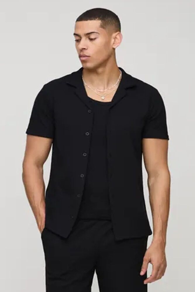 All Black Slim Fit Short Sleeve Revere Waffle Shirt SKU: 4103452