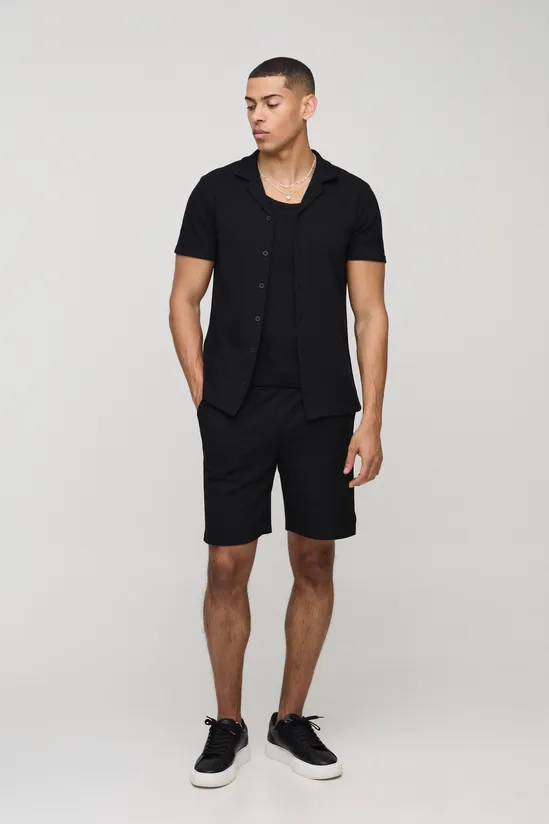 All Black Slim Fit Waffle Shorts SKU: 410345H