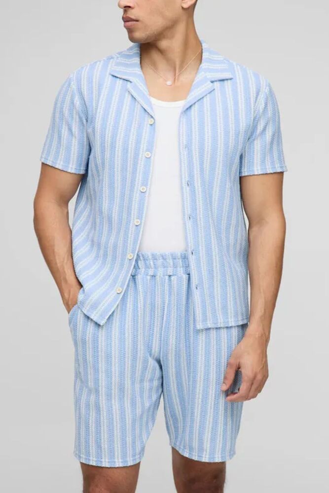 Regular Fit Textured Stripe Revere Jersey Shorts SKU: H87901N