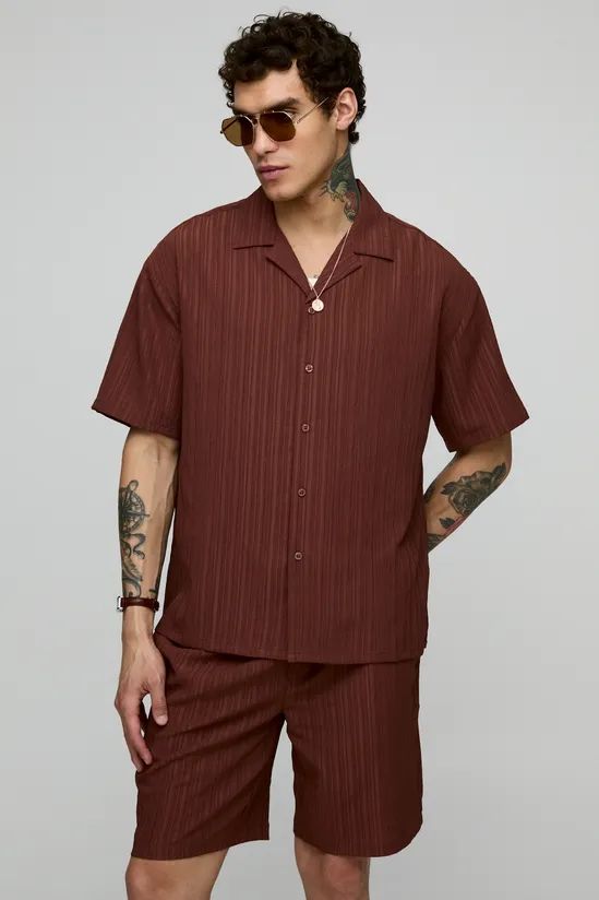 Brown Oversized Textured Short Sleeve Shirt SKU: H0789D3