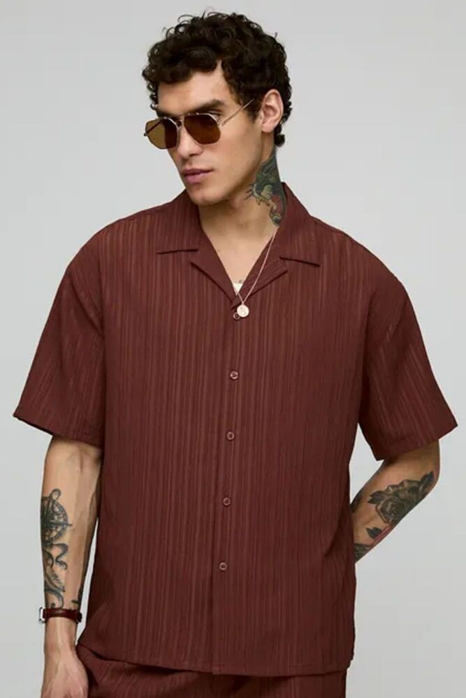 Brown Oversized Textured Short Sleeve Shirt SKU: H0789D3