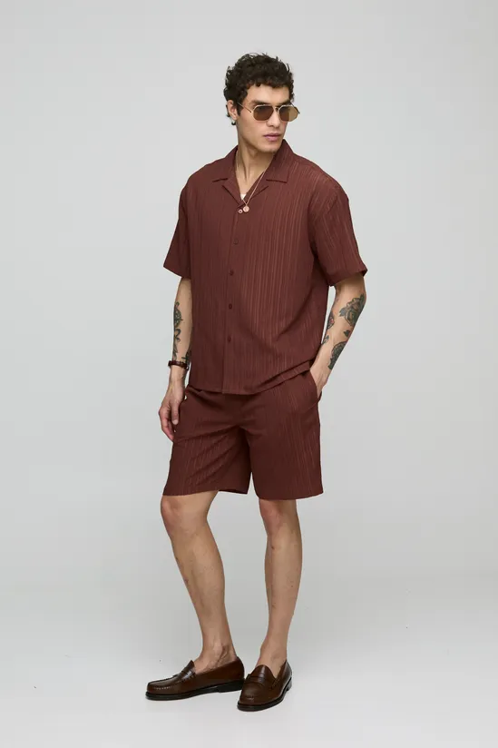 Brown Oversized Textured Shorts SKU: H0789DD