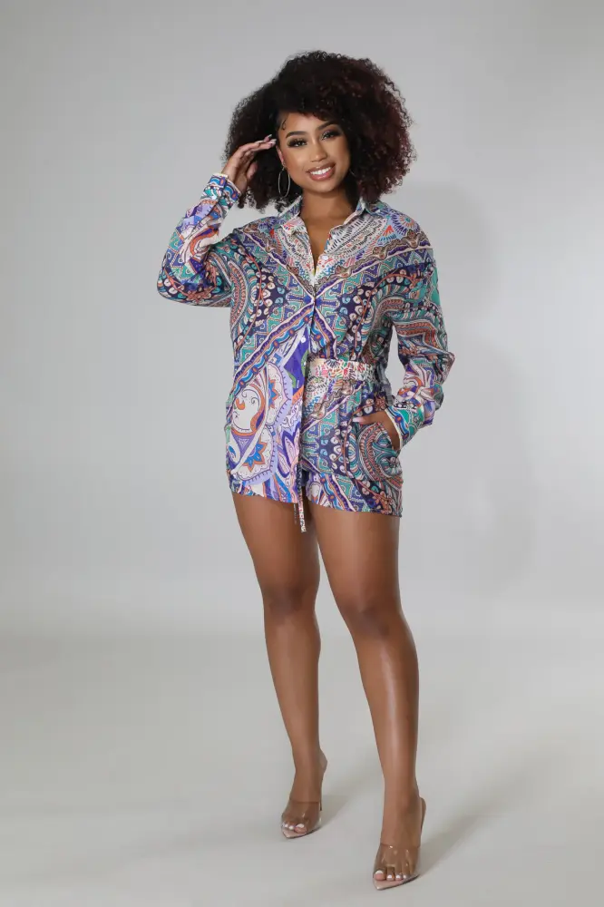 (Coming Soon) Make It Pop Blue Multicolor Print Satin Shorts Set Size: L SKU: 6786901