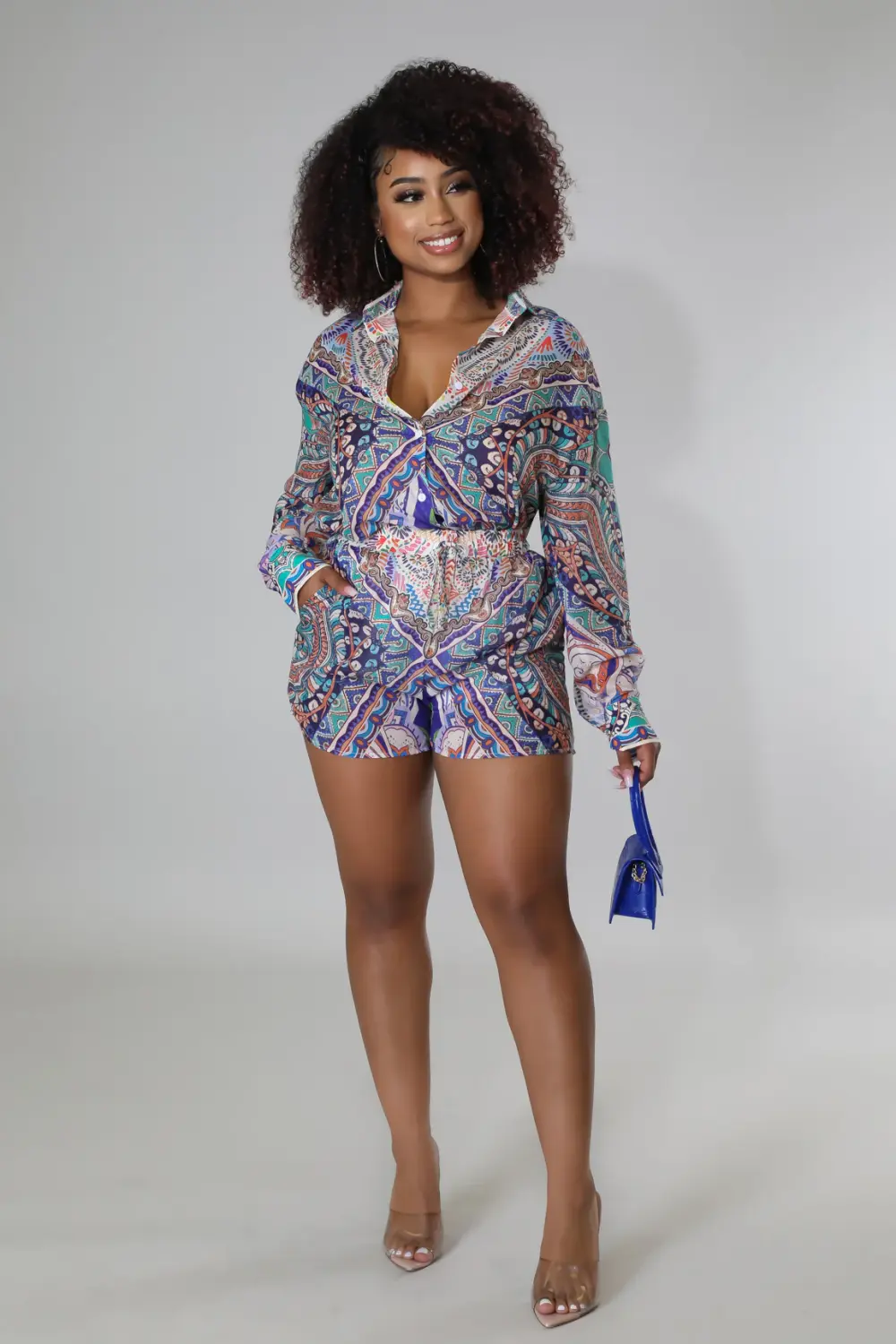 (Coming Soon) Make It Pop Blue Multicolor Print Satin Shorts Set Size: L