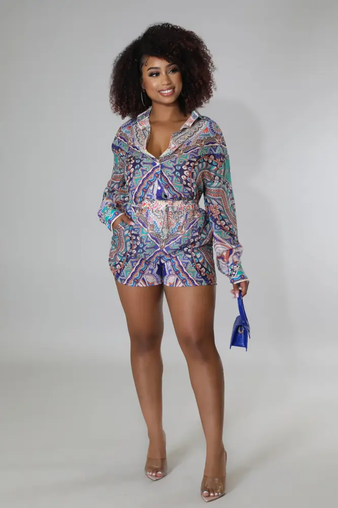 (Coming Soon) Make It Pop Blue Multicolor Print Satin Shorts Set Size: L SKU: 6786901