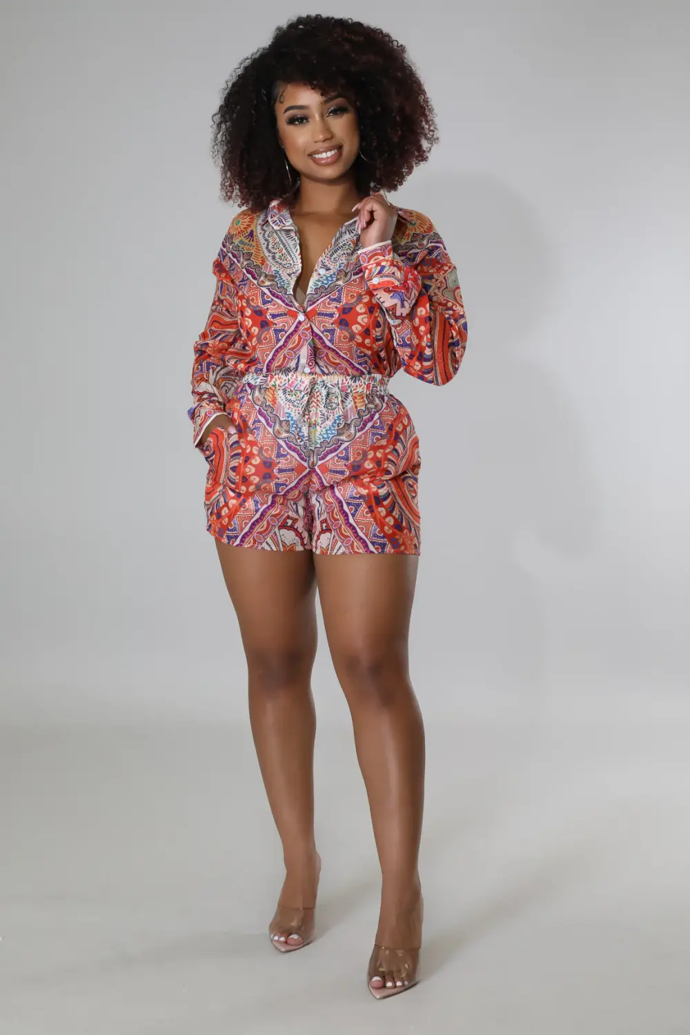 (Coming Soon) Make It Bold Red Multicolor Print Satin Shorts Set Size: M SK
