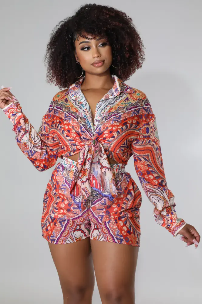 (Coming Soon) Make It Bold Red Multicolor Print Satin Shorts Set Size: M SKU: 5674D32