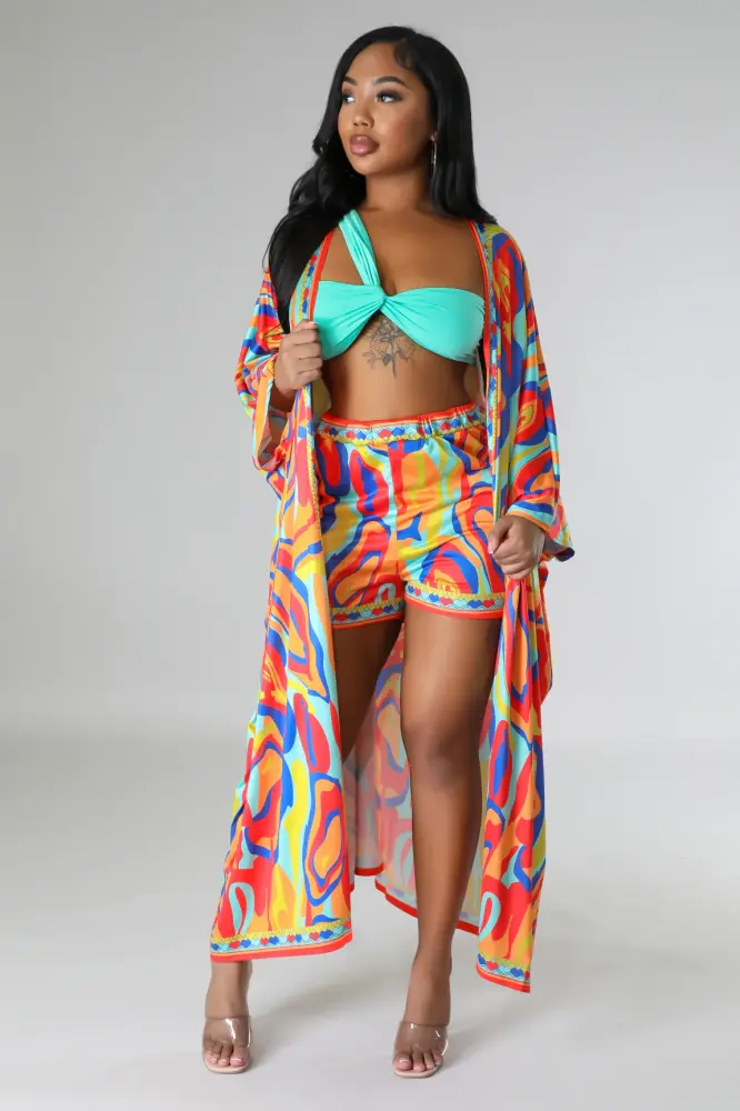 (Coming Soon) Make It Tropical Multicolor Print 3 Piece Kimono Set Size: S SKU: 4536540
