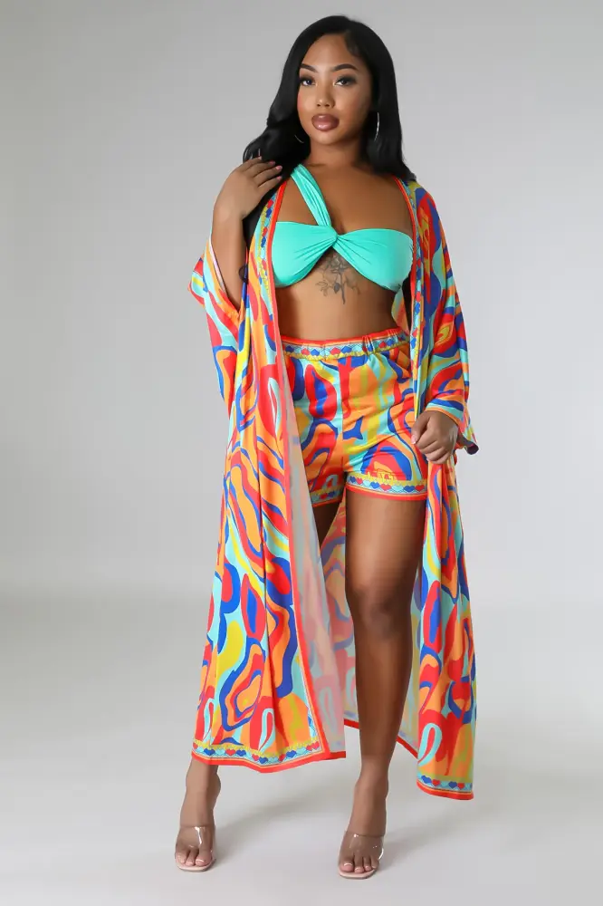(Coming Soon) Make It Tropical Multicolor Print 3 Piece Kimono Set Size: S SKU: 4536540