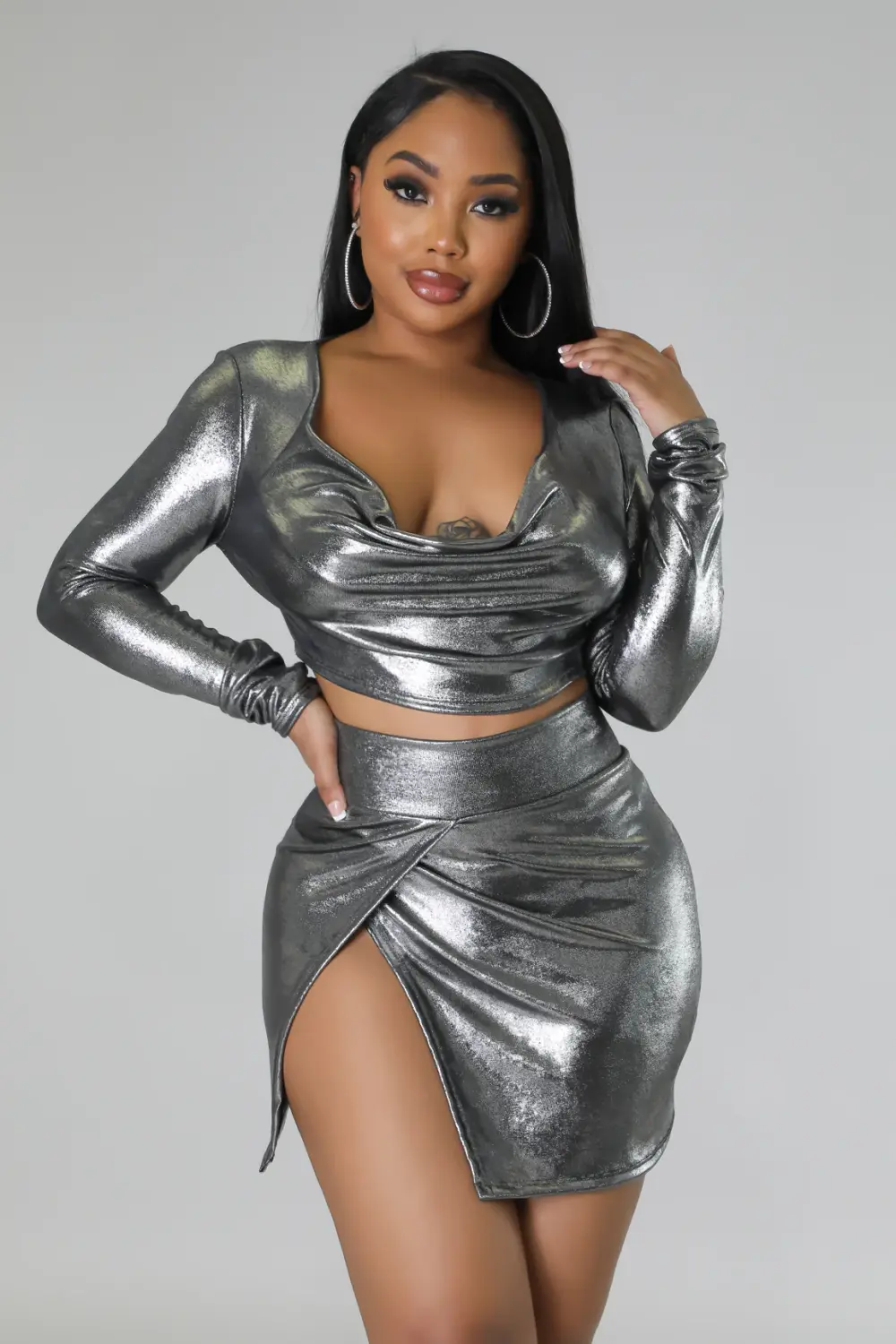(Coming Soon) Make It Shine Metallic Silver Crop Skirt Set Size: M SKU: 890