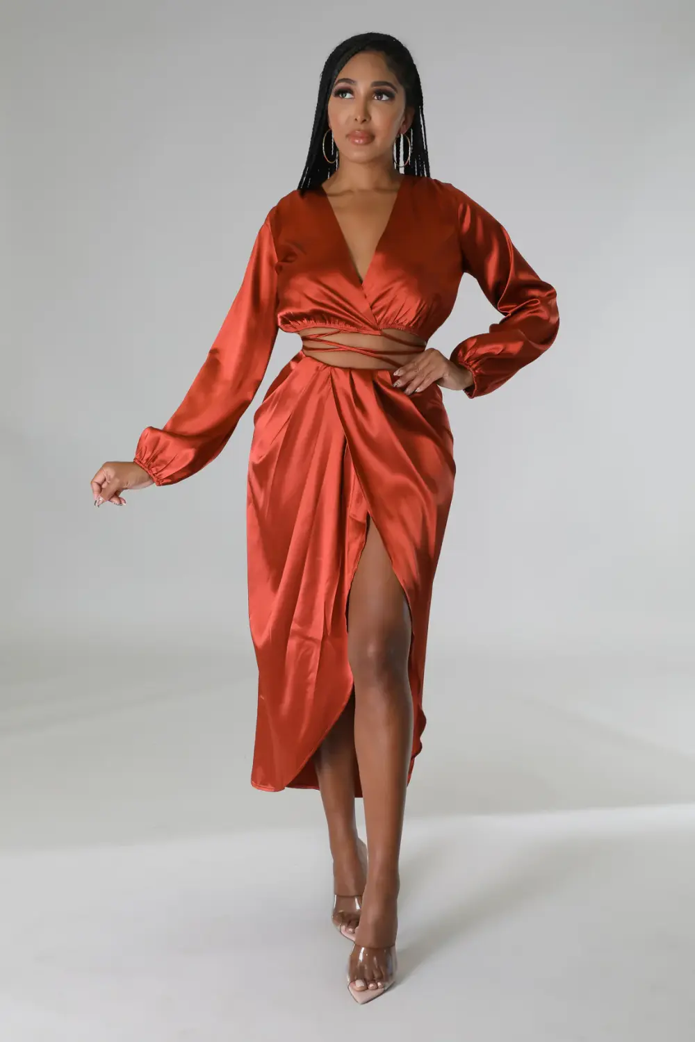 (Coming Soon) Make It Classy Rust Satin Wrap Crop Skirt Set Size: L SKU: 67