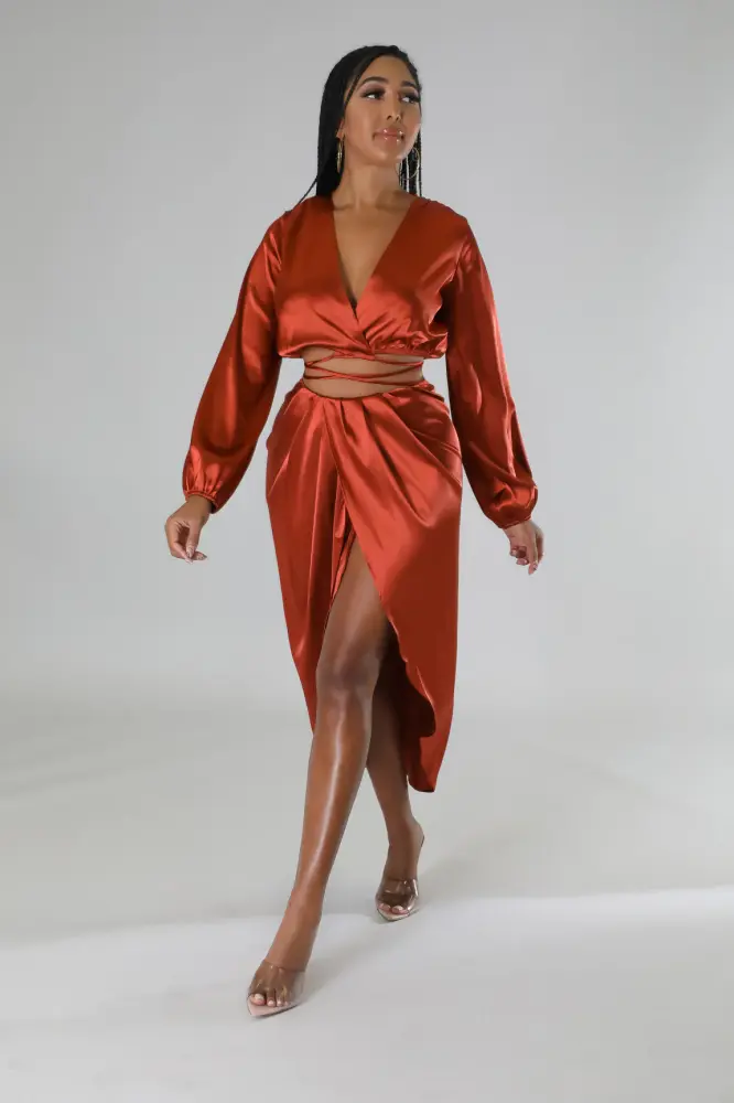 (Coming Soon) Make It Classy Rust Satin Wrap Crop Skirt Set Size: L SKU: 67685H4