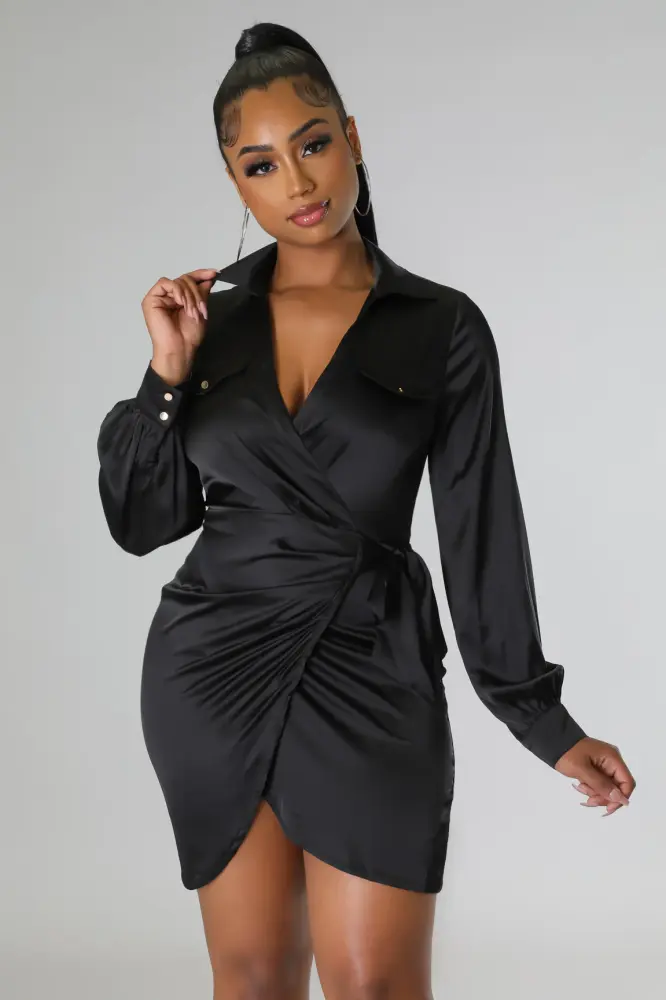 (Coming Soon) Make It Luxe Black Satin Wrap Mini Dress Size: M