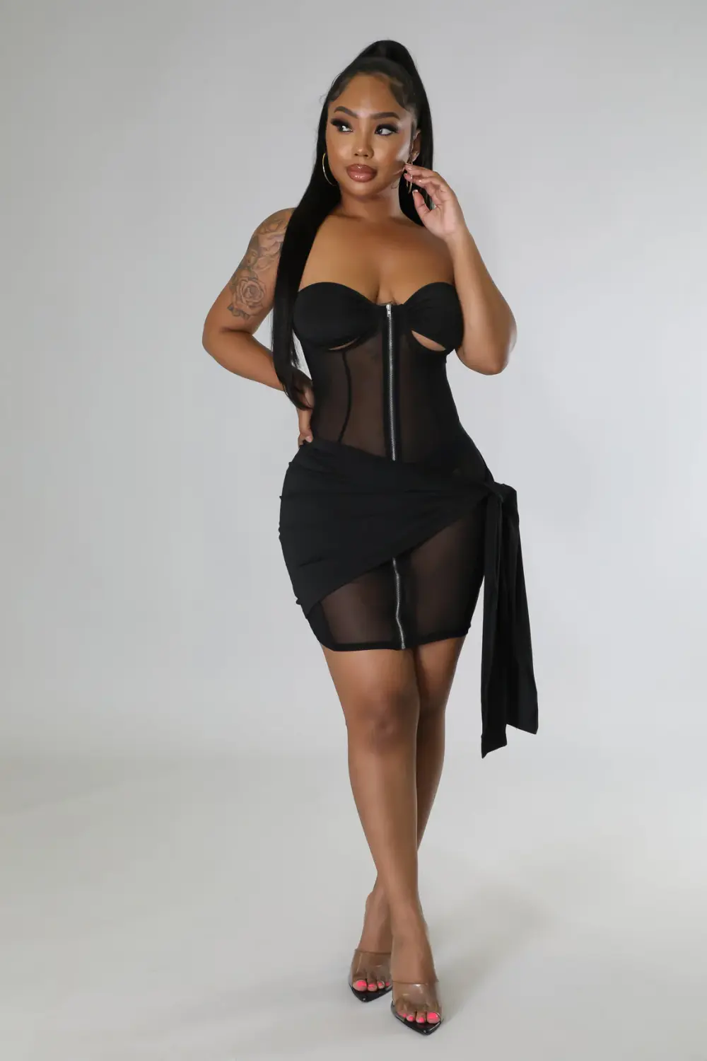 (Coming Soon) Make It Edgy Black Sheer Corset Mini Dress Size: M