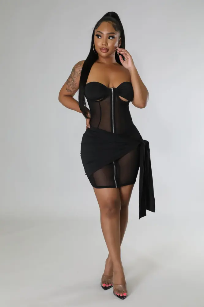 (Coming Soon) Make It Edgy Black Sheer Corset Mini Dress Size: M