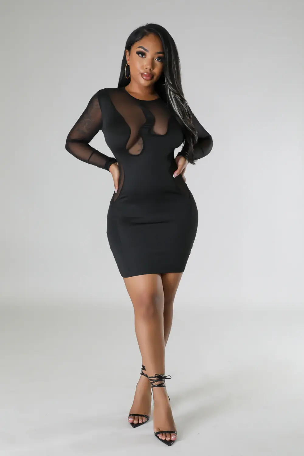 (Coming Soon) Make It Sheer Black Mesh Panel Bodycon Dress Size: L SKU: C0H