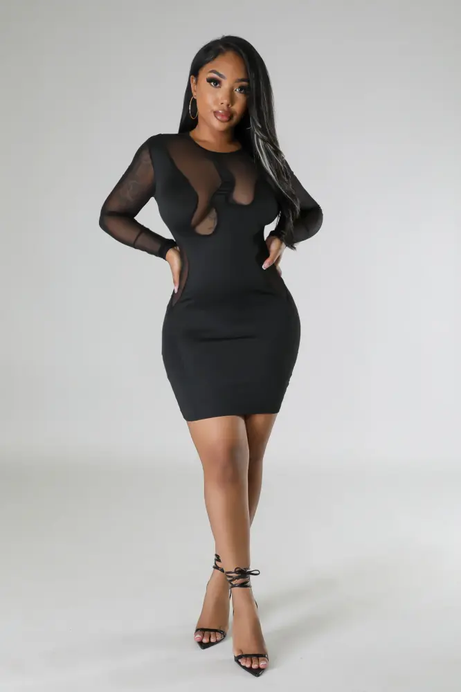 (Coming Soon) Make It Sheer Black Mesh Panel Bodycon Dress Size: L SKU: C0H8791