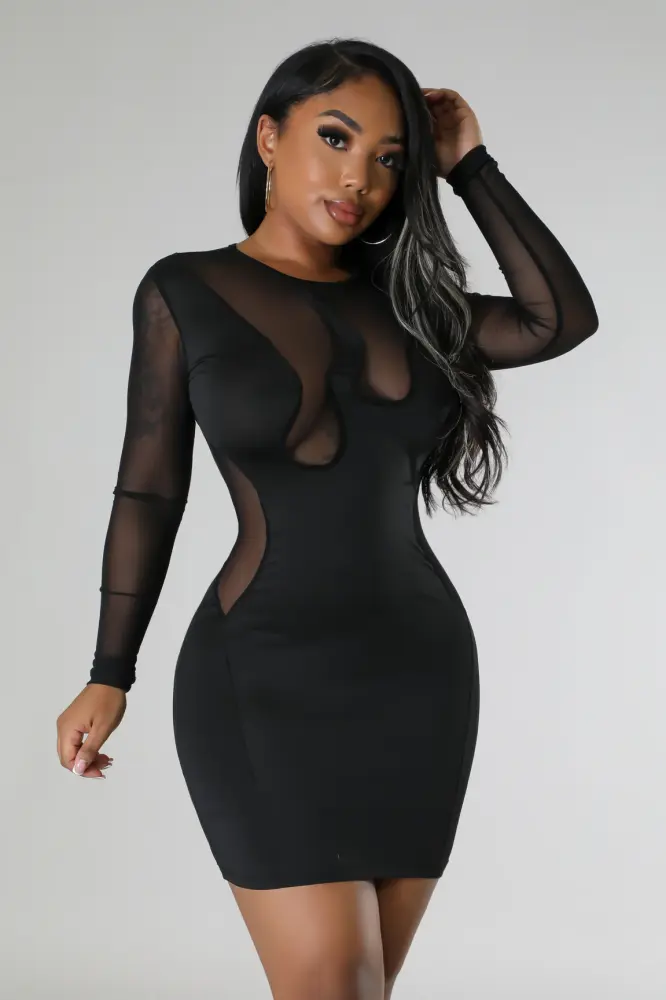 (Coming Soon) Make It Sheer Black Mesh Panel Bodycon Dress Size: L SKU: C0H8791
