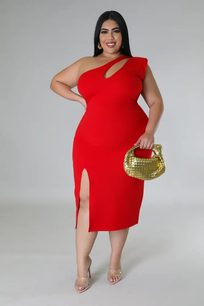(Coming Soon) Make It Fierce Red One-Shoulder Cutout Midi Dress Size: 3XL SKU: F178970