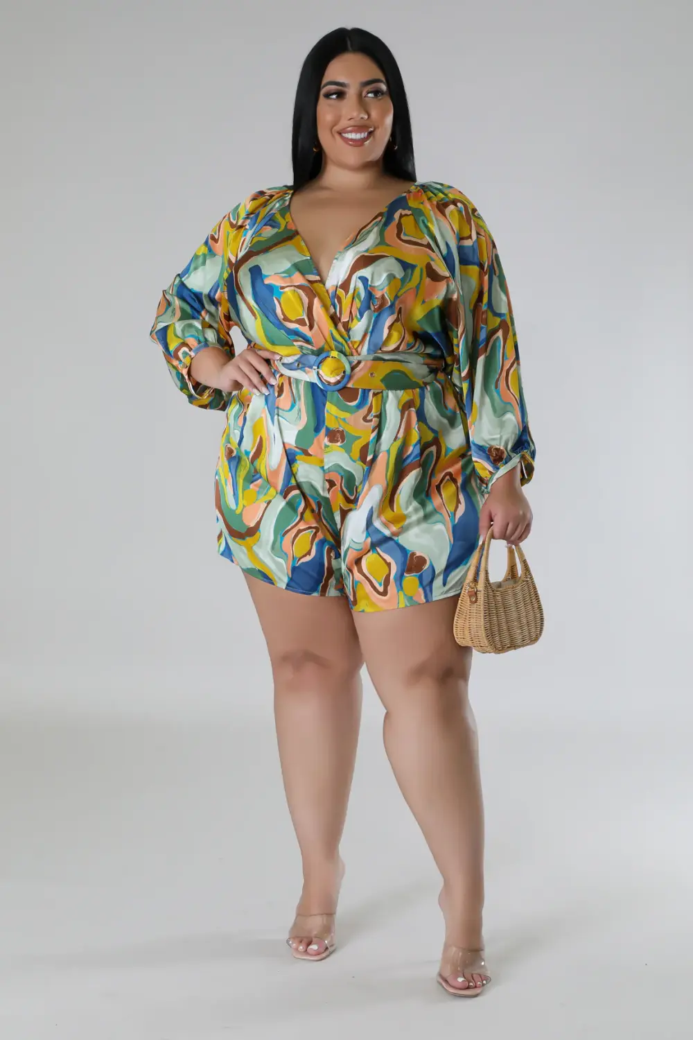 (Coming Soon) Make It Vibrant Multicolor Satin Belted Romper Size: 3XL SKU: