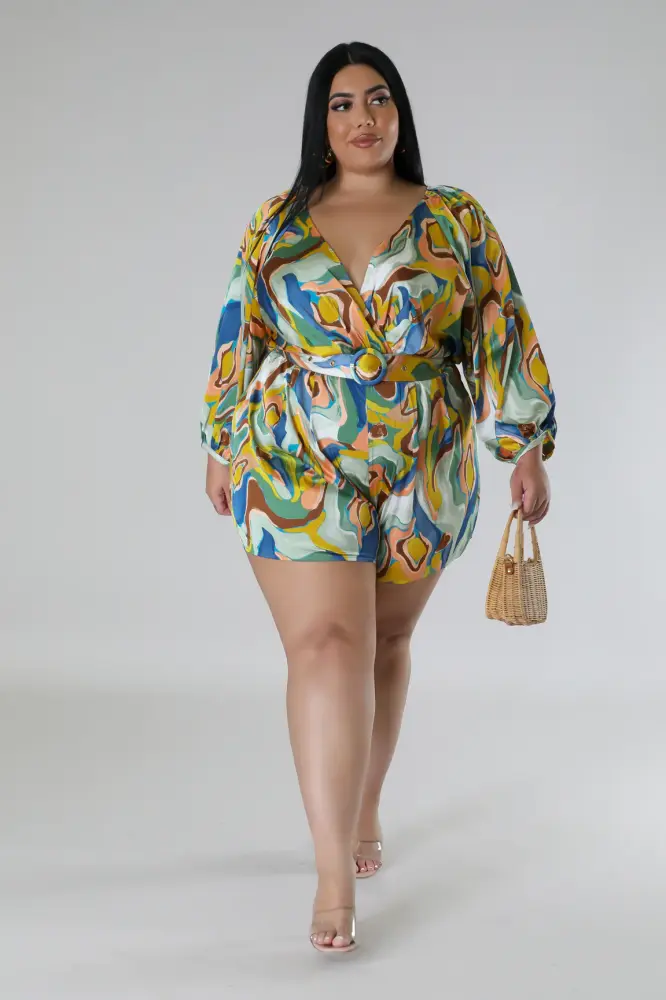 (Coming Soon) Make It Vibrant Multicolor Satin Belted Romper Size: 3XL SKU: H768V41