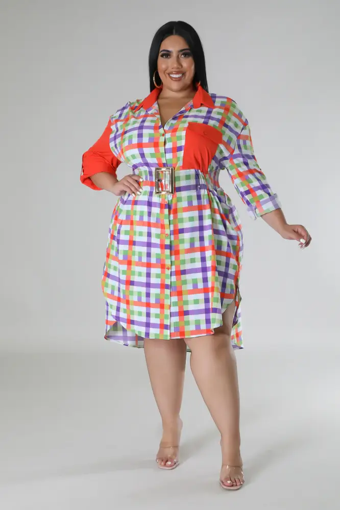(Coming Soon) Make It Playful Multicolor Plaid Belted Shirt Dress Size: 3XL SKU: 678G541