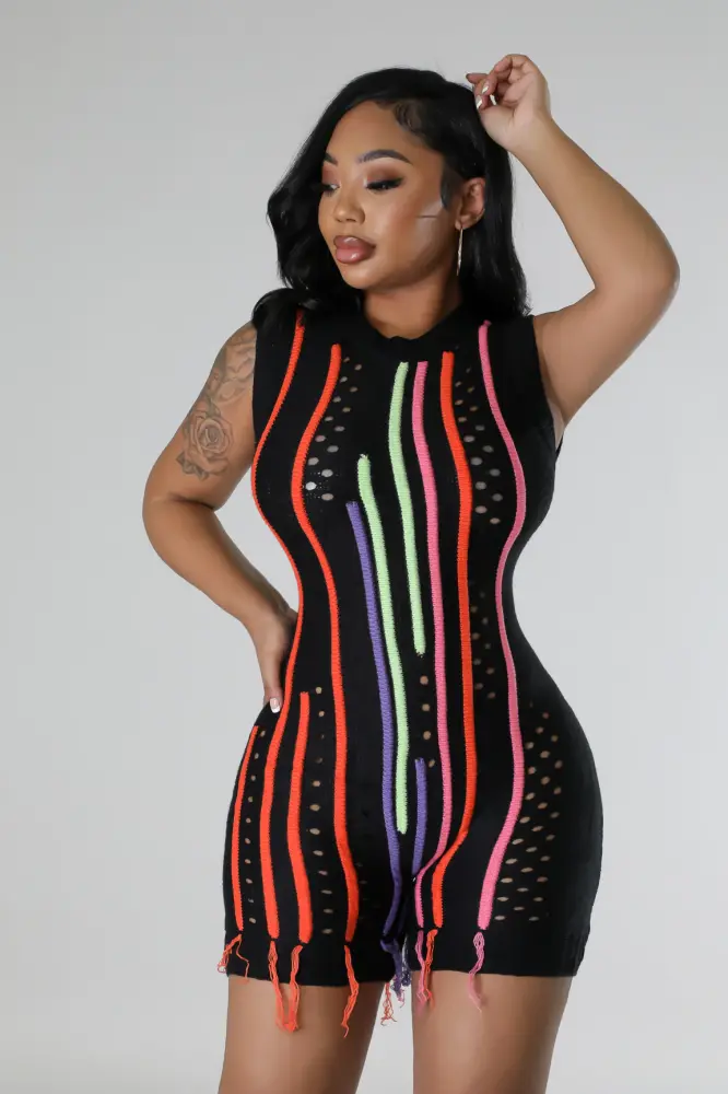 (Coming Soon) Make It Pop Neon Stripe Knit Romper Size: S SKU: 5657228