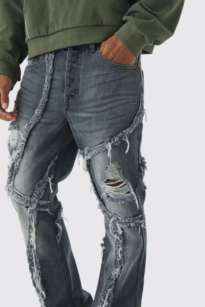COMING SOON! Grey Patchwork Distressed Flared Jeans Size: 32 SKU#: L715804